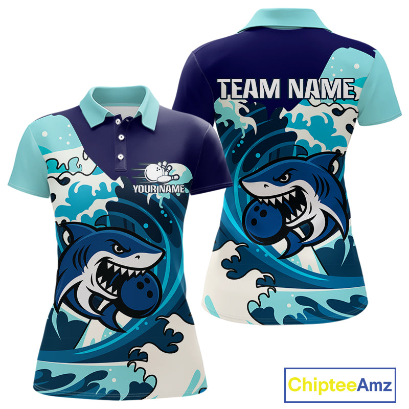 Custom Blue Shark Bowling Polo, Quarter Zip Shirts For Ladies, Personalized Shark Bowling Team Shirt NQS10469