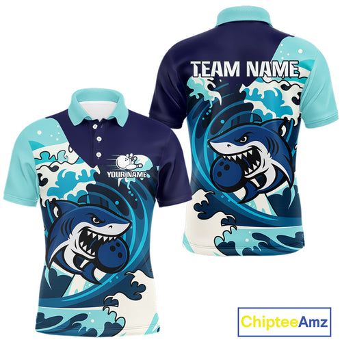 Custom Blue Shark Bowling Polo, Quarter Zip Shirts For Men, Personalized Shark Bowling Team Shirt NQS10469