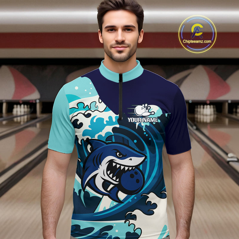 Custom Blue Shark Bowling Polo, Quarter Zip Shirts For Men, Personalized Shark Bowling Team Shirt NQS10469