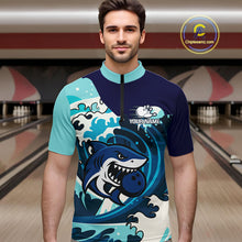 Load image into Gallery viewer, Custom Blue Shark Bowling Polo, Quarter Zip Shirts For Men, Personalized Shark Bowling Team Shirt NQS10469