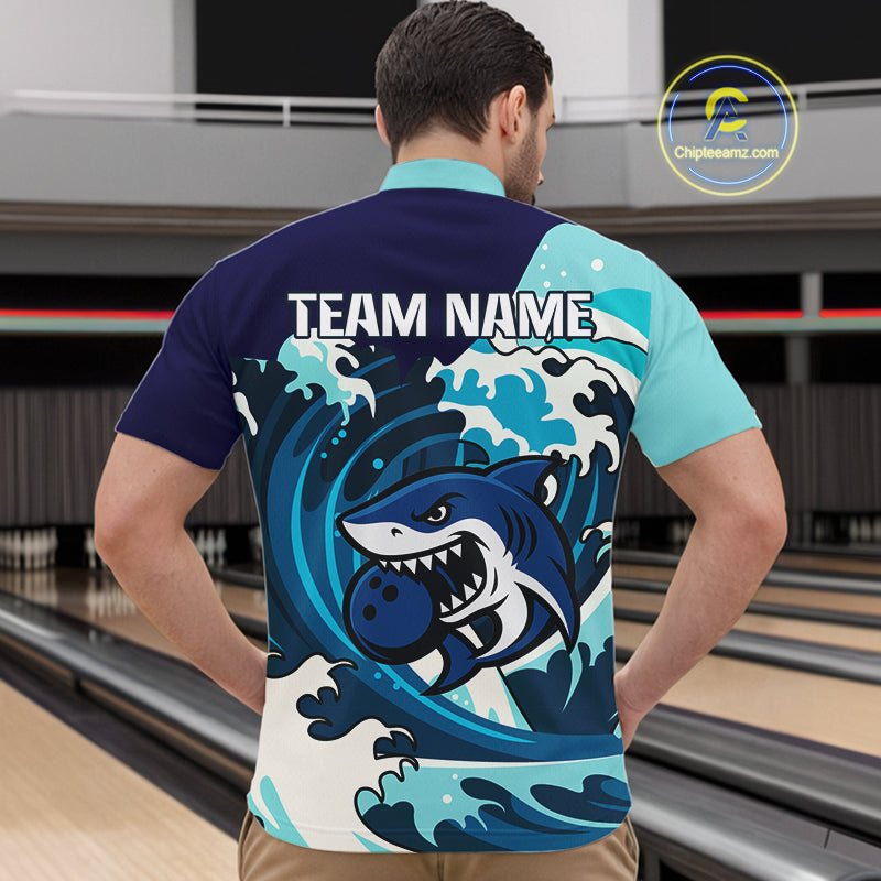 Custom Blue Shark Bowling Polo, Quarter Zip Shirts For Men, Personalized Shark Bowling Team Shirt NQS10469