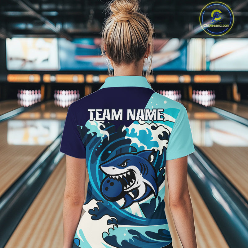 Custom Blue Shark Bowling Polo, Quarter Zip Shirts For Ladies, Personalized Shark Bowling Team Shirt NQS10469