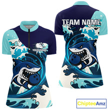 Load image into Gallery viewer, Custom Blue Shark Bowling Polo, Quarter Zip Shirts For Ladies, Personalized Shark Bowling Team Shirt NQS10469