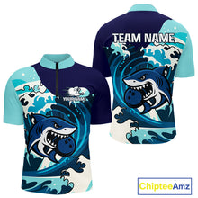 Load image into Gallery viewer, Custom Blue Shark Bowling Polo, Quarter Zip Shirts For Men, Personalized Shark Bowling Team Shirt NQS10469