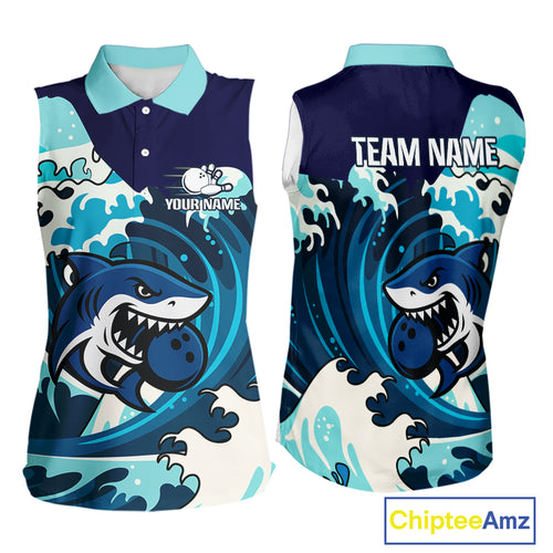 Custom Blue Shark Bowling Sleeveless Polo Shirt, Personalized Shark Bowling Team Shirt NQS10469