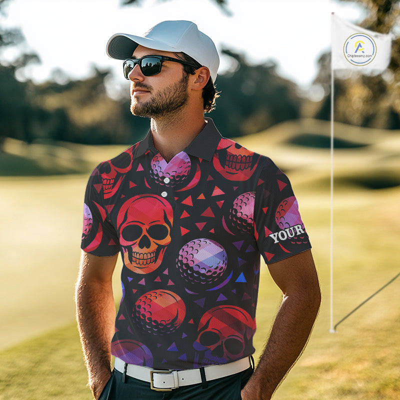 Red Gradient Skull Golf Ball pattern Mens polo golf shirts Custom Halloween golf top for men NQS10511