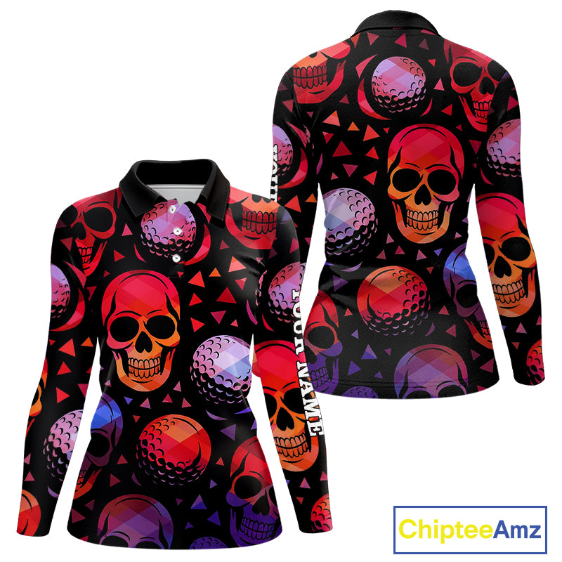 Red Gradient Skull Golf Ball pattern Women polo golf shirts Custom Halloween golf top for ladies NQS10511