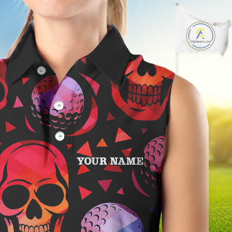 Red Gradient Skull Golf Ball pattern Sleeveless polo golf shirts Custom Halloween golf top for ladies NQS10511