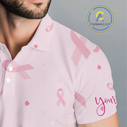 Pink glitter ribbons pattern Mens golf polo shirt Custom Breast Cancer Awareness golf outfit for men NQS10514