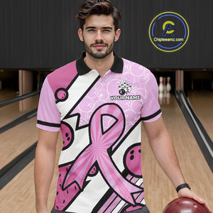 Personalized Pink Ribbons Camo Bowling Shirts For Men, Custom breast cancer bowling Team shirts NQS10533
