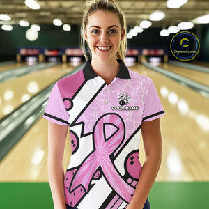 Personalized Pink Ribbons Camo Bowling Shirts For Women, Custom breast cancer bowling Team shirts NQS10533
