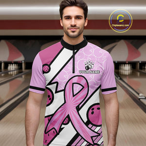 Personalized Pink Ribbons Camo Bowling Shirts For Men, Custom breast cancer bowling Team shirts NQS10533