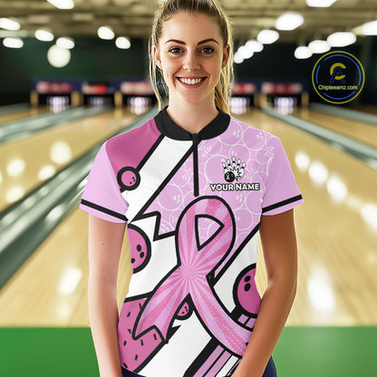 Personalized Pink Ribbons Camo Bowling Shirts For Women, Custom breast cancer bowling Team shirts NQS10533