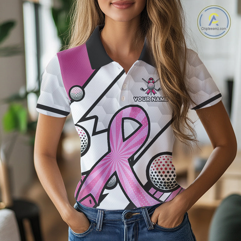 Personalized Pink Ribbons Camo Golf Polo Shirts for Women, Custom breast cancer Golf Team shirts NQS10534