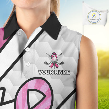 Personalized Pink Ribbons Camo Sleeveless polo Shirt for Women, Custom breast cancer Golf Team shirts NQS10534