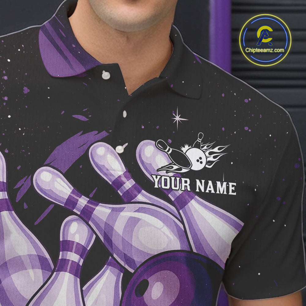 Custom Black And Purple Galaxy Bowling Team Polo, 1/4 Zip Shirt For Men, Personalized Bowling Jerseys NQS10544