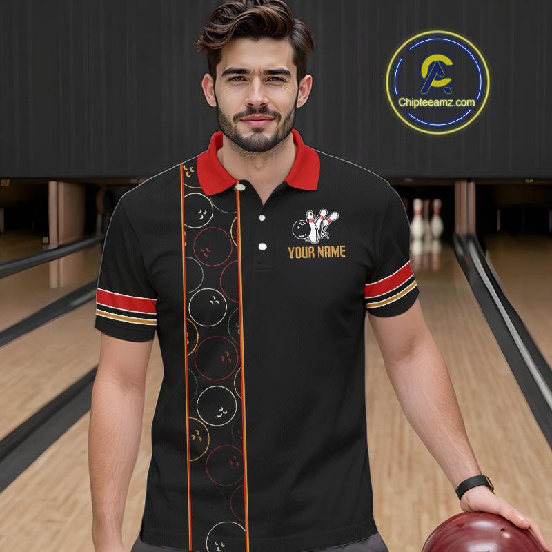 Custom Retro Black Mens Bowling Polo, Quarter Zip shirts, Personalized vintage bowling team jerseys NQS10548