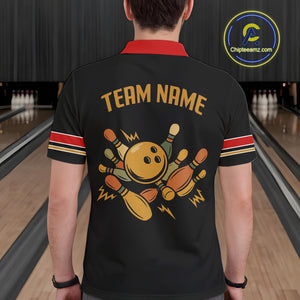 Custom Retro Black Mens Bowling Polo, Quarter Zip shirts, Personalized vintage bowling team jerseys NQS10548