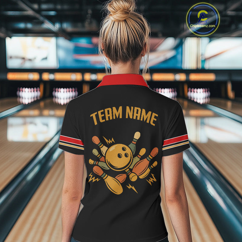 Custom Retro Black Womens Bowling Polo, Quarter Zip shirts, Personalized vintage bowling team jerseys NQS10548