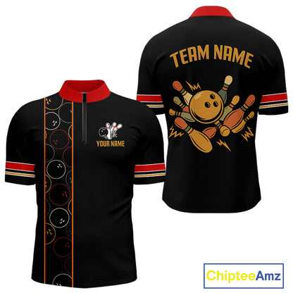 Custom Retro Black Mens Bowling Polo, Quarter Zip shirts, Personalized vintage bowling team jerseys NQS10548