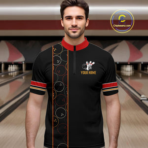 Custom Retro Black Mens Bowling Polo, Quarter Zip shirts, Personalized vintage bowling team jerseys NQS10548