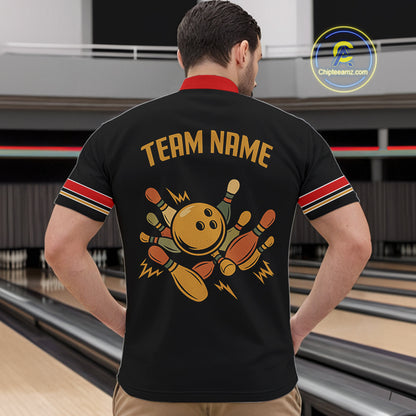 Custom Retro Black Mens Bowling Polo, Quarter Zip shirts, Personalized vintage bowling team jerseys NQS10548
