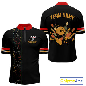 Custom Retro Black Mens Bowling Polo, Quarter Zip shirts, Personalized vintage bowling team jerseys NQS10548
