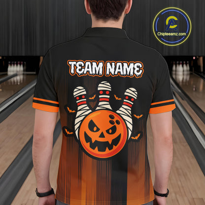Custom Orange and Black Funny Pumpkin Ball pins Mens Bowling Team Shirts, Halloween Bowling Outfit NQS10564