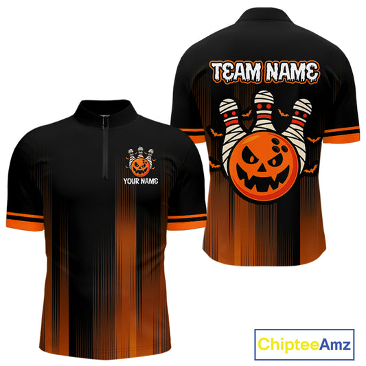 Custom Orange and Black Funny Pumpkin Ball pins Mens Bowling Team Shirts, Halloween Bowling Outfit NQS10564