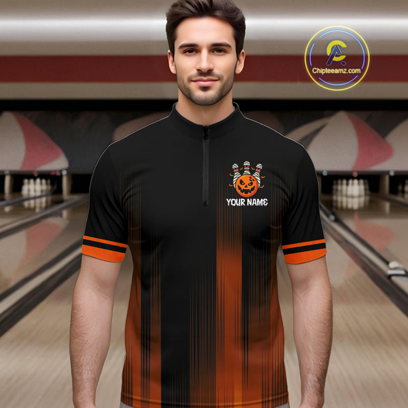 Custom Orange and Black Funny Pumpkin Ball pins Mens Bowling Team Shirts, Halloween Bowling Outfit NQS10564