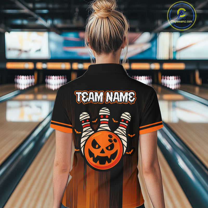 Custom Orange and Black Funny Pumpkin Ball pins Women Bowling Team Shirts, Halloween Bowling Outfit NQS10564