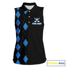 Load image into Gallery viewer, Black and Blue argyle polo shirts personalized ladies sleeveless golf tops, team golf outfit NQS11403