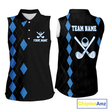 Load image into Gallery viewer, Black and Blue argyle polo shirts personalized ladies sleeveless golf tops, team golf outfit NQS11403