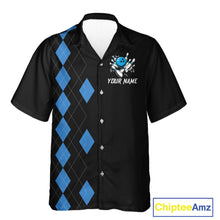 Load image into Gallery viewer, Black and Blue argyle Hawaiian bowling shirts custom team bowling jerseys button up bowling shirts NQS11404