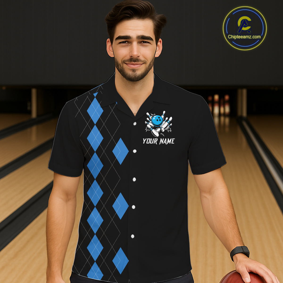 Black and Blue argyle Hawaiian bowling shirts custom team bowling jerseys button up bowling shirts NQS11404