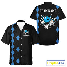 Load image into Gallery viewer, Black and Blue argyle Hawaiian bowling shirts custom team bowling jerseys button up bowling shirts NQS11404