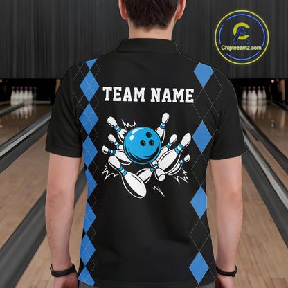 Black and Blue argyle bowling polo shirts, 1/4 zip shirt for men Custom team bowling jerseys men NQS11404