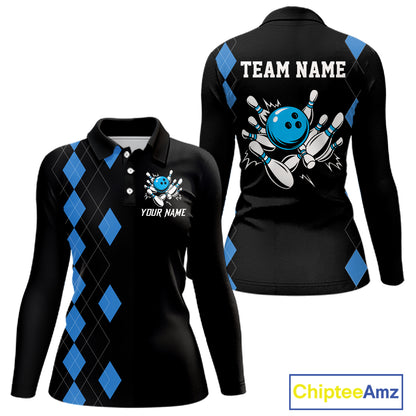 Black and Blue argyle womens bowling shirts custom team bowling jerseys women's bowling outfits NQS11404
