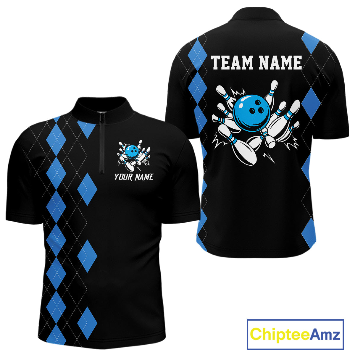 Black and Blue argyle bowling polo shirts, 1/4 zip shirt for men Custom team bowling jerseys men NQS11404