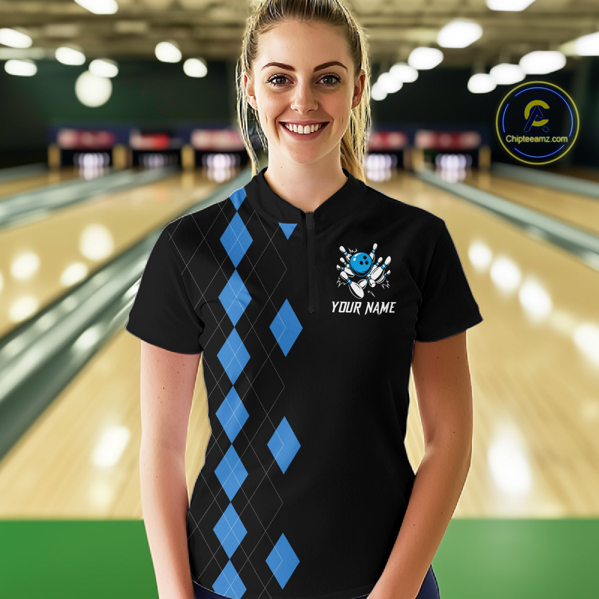 Black and Blue argyle womens bowling shirts custom team bowling jerseys women's bowling outfits NQS11404