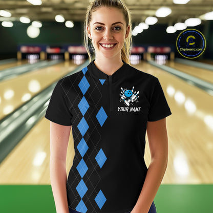 Black and Blue argyle womens bowling shirts custom team bowling jerseys women's bowling outfits NQS11404