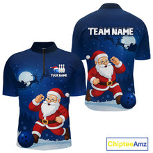 Load image into Gallery viewer, Custom Blue Funny Christmas Santa Bowling Polo, Quarter Zip Shirt For Men, Bowling Team League Jersey NQS10827