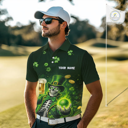 Funny Skull drink beer St Patrick's day Green shamrock Mens Golf Polo Shirts Custom mens golf apparel NQS11411
