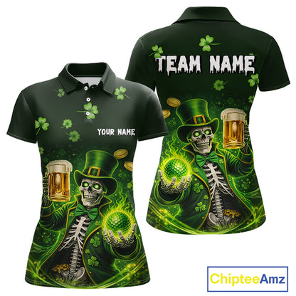 Funny Skull drink beer St Patrick day Green shamrock Women Golf Polo Shirt Custom ladies golf apparel NQS11411