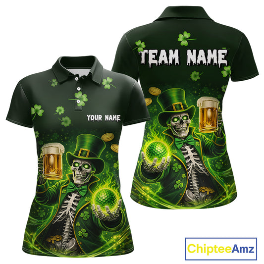 Funny Skull drink beer St Patrick day Green shamrock Women Golf Polo Shirt Custom ladies golf apparel NQS11411