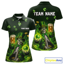 Load image into Gallery viewer, Funny Skull drink beer St Patrick day Green shamrock Women Golf Polo Shirt Custom ladies golf apparel NQS11411