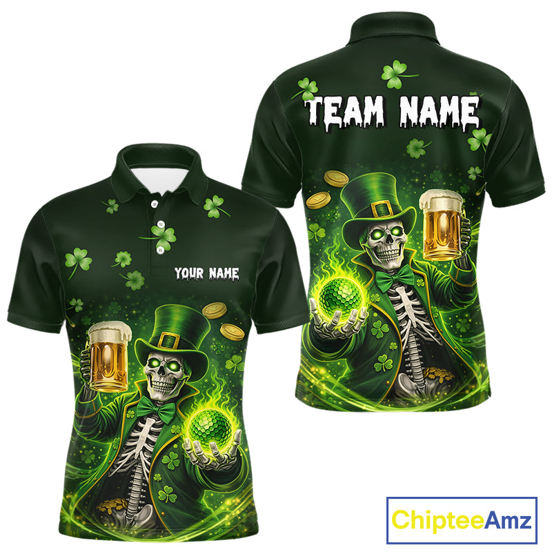 Funny Skull drink beer St Patrick's Day Green shamrock Custom matching men and womens golf shirts NQS11411
