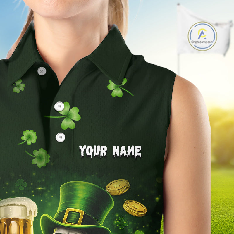 Funny Skull drink beer St Patrick's Day Green shamrock Custom ladies sleeveless golf tops NQS11411