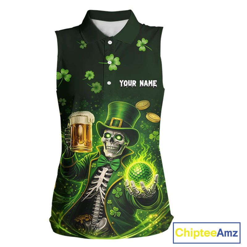 Funny Skull drink beer St Patrick's Day Green shamrock Custom ladies sleeveless golf tops NQS11411