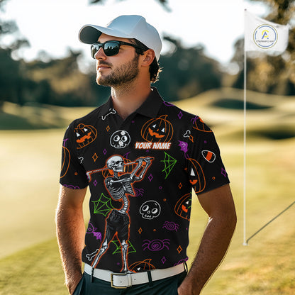 Personalized Funny Halloween Pattern Skull Golf Polo Shirts For Men, Halloween Mens Golf Gifts NQS10836